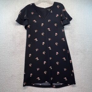 Ann Taylor Black Floral Flutter Sleeve V Neck Shift Dress Size 6